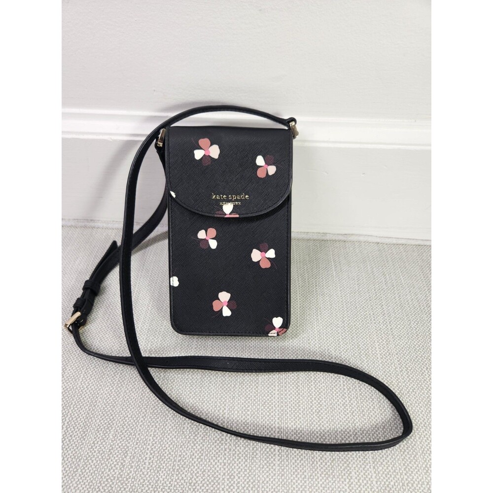 Kate Spade Black Floral Crossbody Leather Phone Holder Purse Small